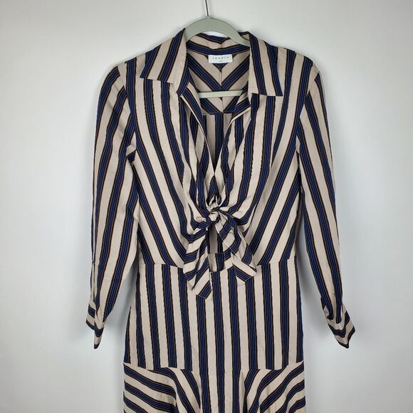 SANDRO Paris VILNA DRESS Striped Beige Collared Long Sleeve Midi Maxi Tie Knot - Picture 5 of 13